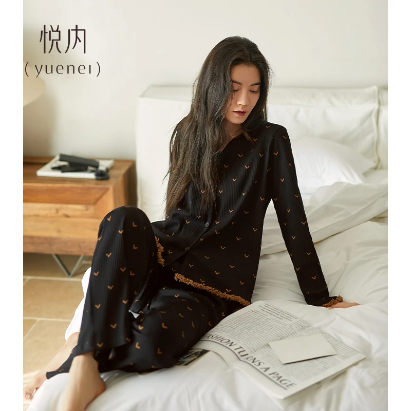 悦内睡衣女春秋款纯棉长袖长裤家居服休闲时尚优雅黑色开衫可外穿
