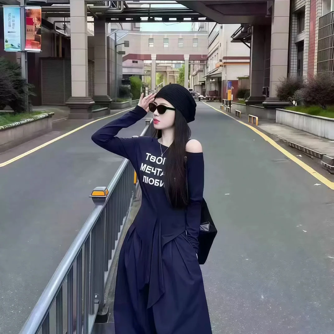 88079 韩系辣妹设计感斜肩不规则绑带长袖T