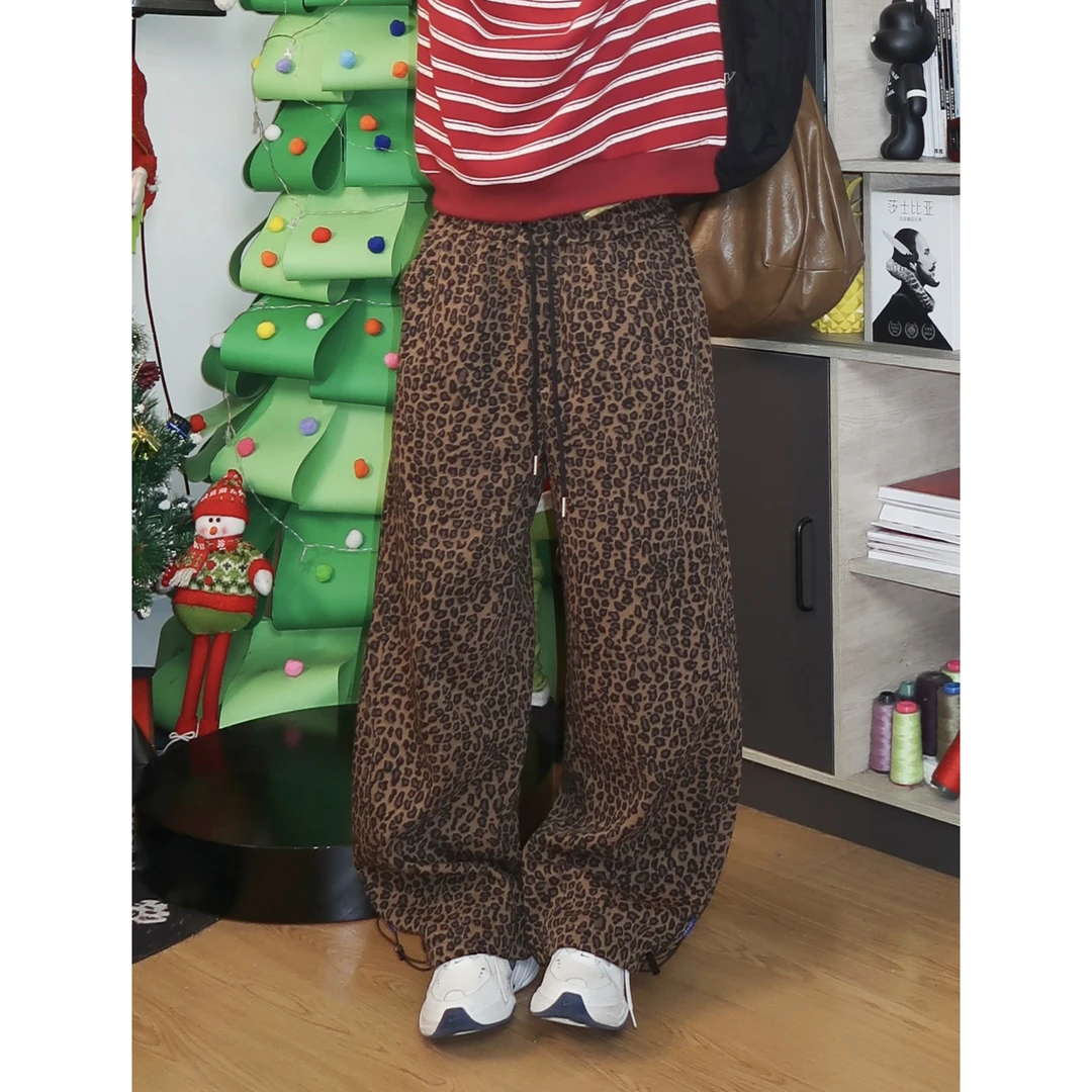 SUN.DAY美式复古豹纹加绒卫裤男女宽松弯刀裤休闲街头ins加厚891