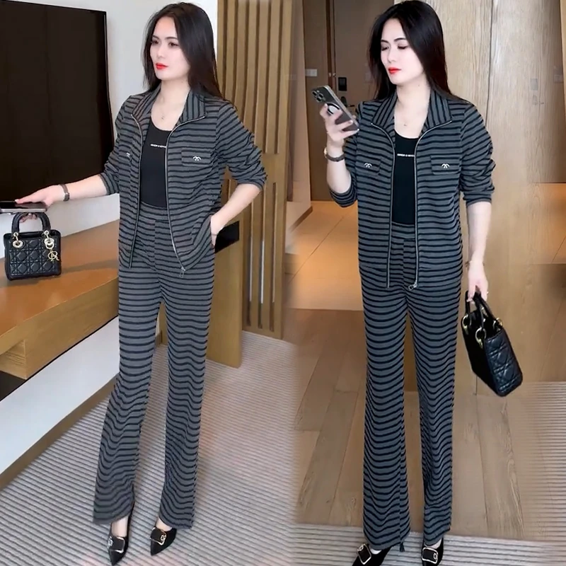 时尚休闲运动套装女2025秋季新款显瘦条纹开衫外套直筒裤子两件套