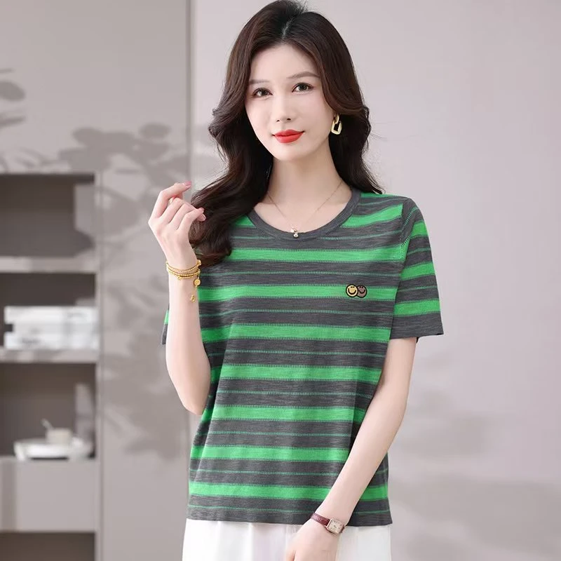 佩兰妃#休闲时尚条纹圆领短袖女衫夏季新款宽松百搭上衣#2491