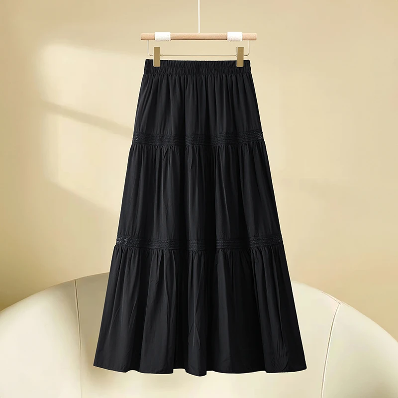 拉夏贝尔仙气蕾丝镂空半身裙女夏季2025新款休闲蛋糕裙大摆百褶裙