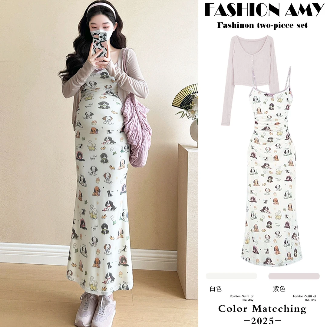 孕妇连衣裙套装夏装新款洋气时尚薄款防晒开衫显瘦小狗碎花吊带裙