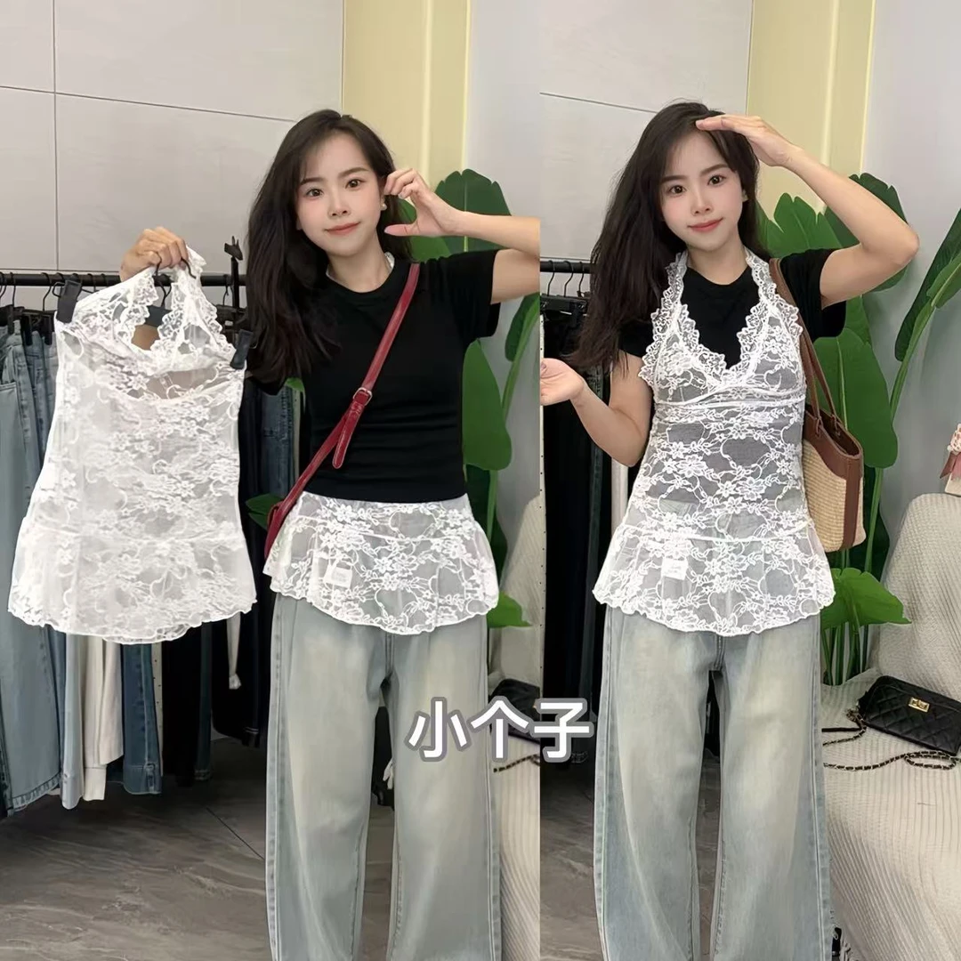 145小个子叠穿V领挂脖蕾丝打底衫女独特内搭外搭背心