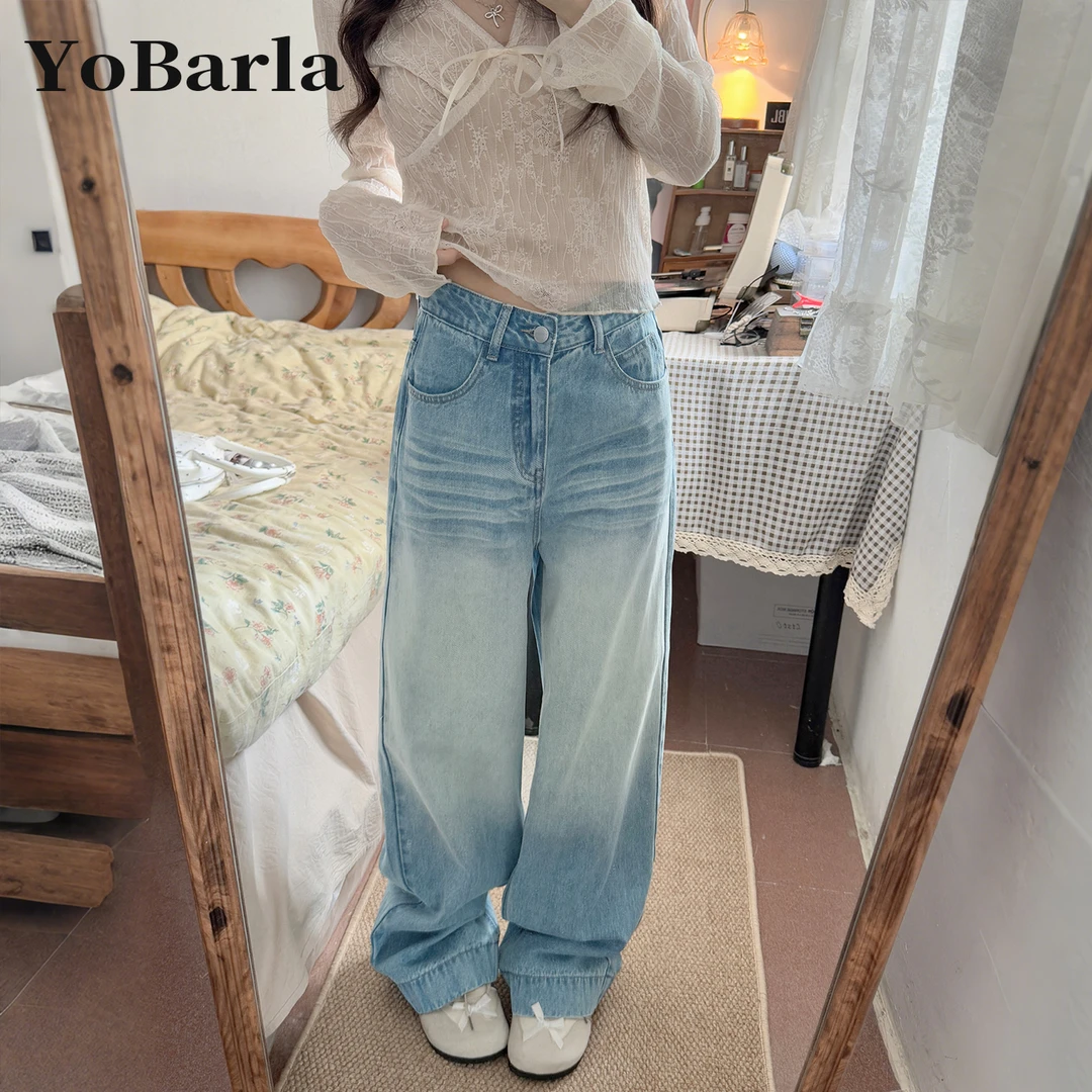 浅色直筒牛仔裤女高腰秋冬新款梨形身材胖mm大码显瘦宽松阔腿裤子