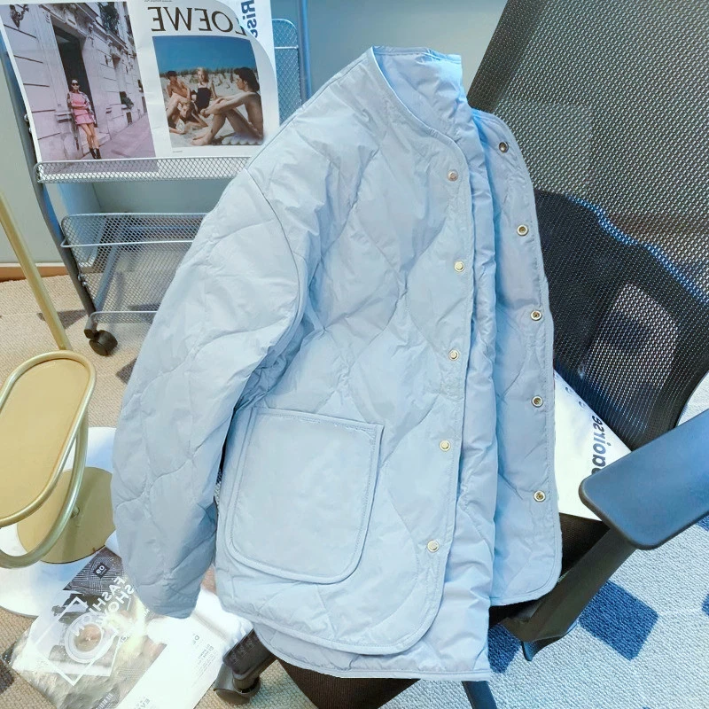 浅色系韩版休闲薄棉衣女短款时尚单排扣无领棉服早秋外穿轻薄外套