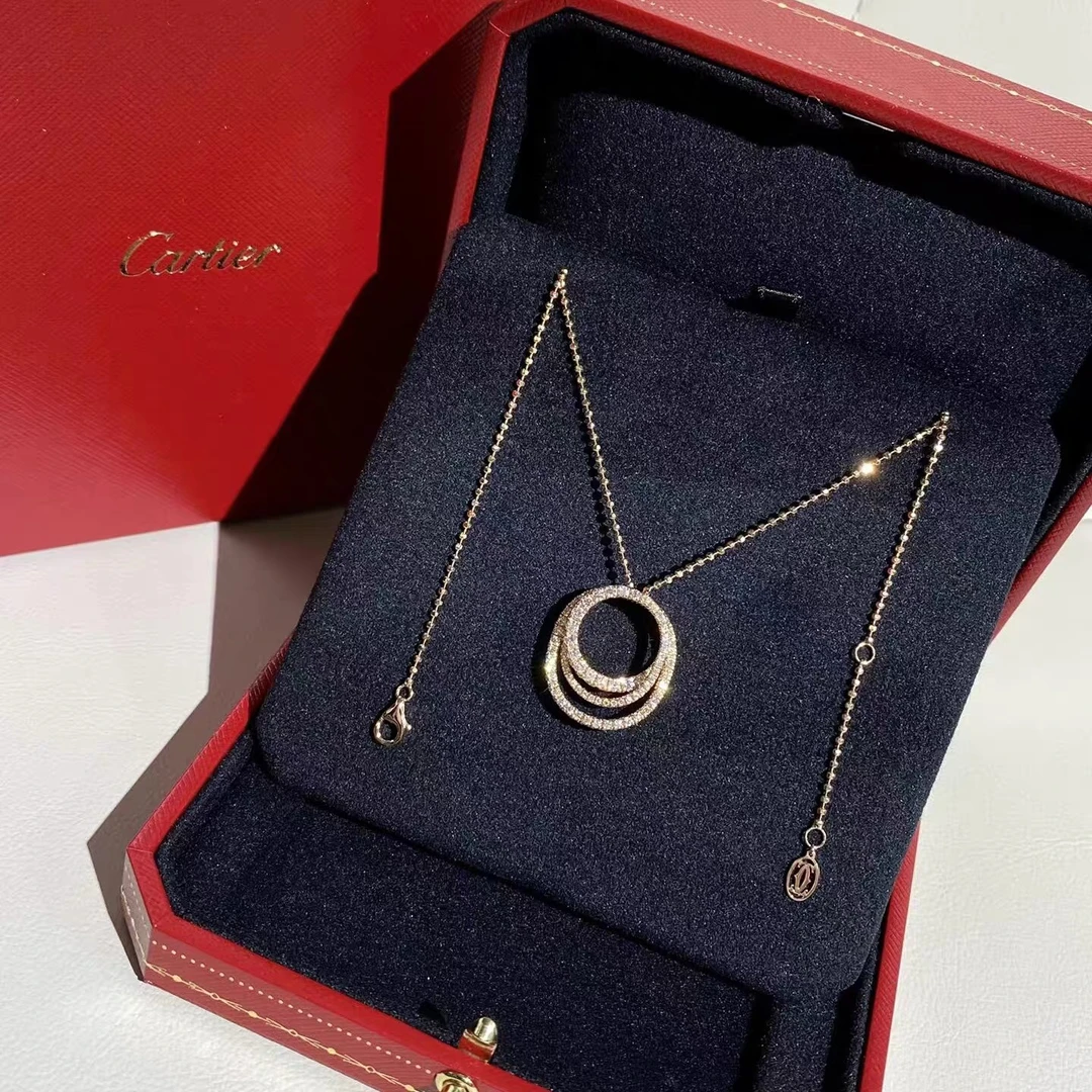99新 Cartier/卡地亚 小花6珊  三环满钻项链 18k玫瑰金