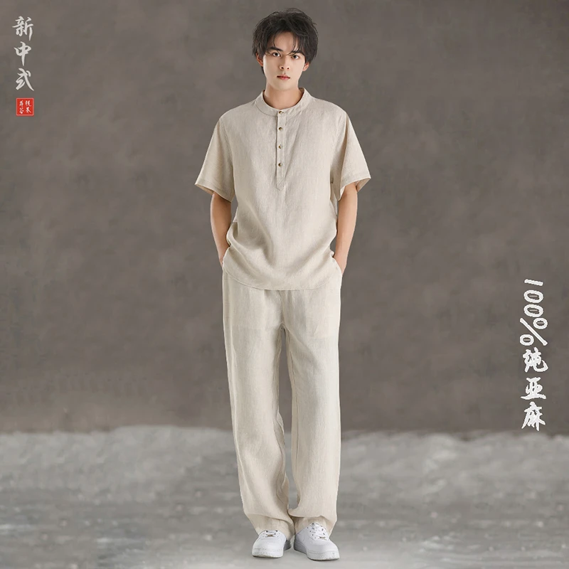 新中式夏季薄款100%纯亚麻唐装套装中国风圆领透气短袖茶服两件套