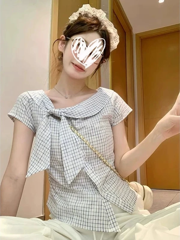 大码法式高级感方领娃娃衫甜美短袖衬衫女夏季遮肉显瘦上衣-7623
