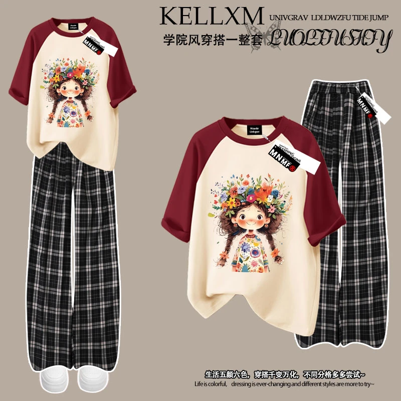 趣味卡通簪花小女孩印花夏季女童套装纯棉插肩短袖T恤格子裤两件