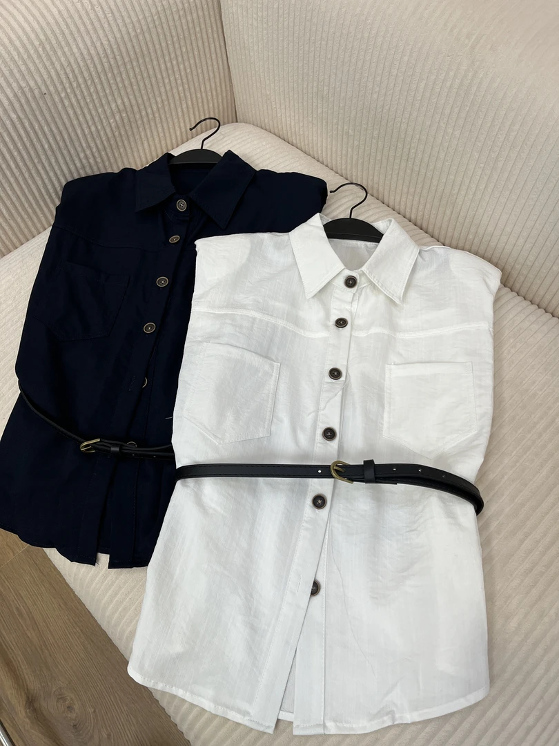 【NO退NO换】鑫燃Kki 复古气质配腰带无袖衬衫 636 KIKI