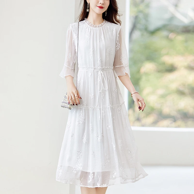 水墨佳人夏季新款素色桑蚕丝刺绣长款真丝连衣裙82496118