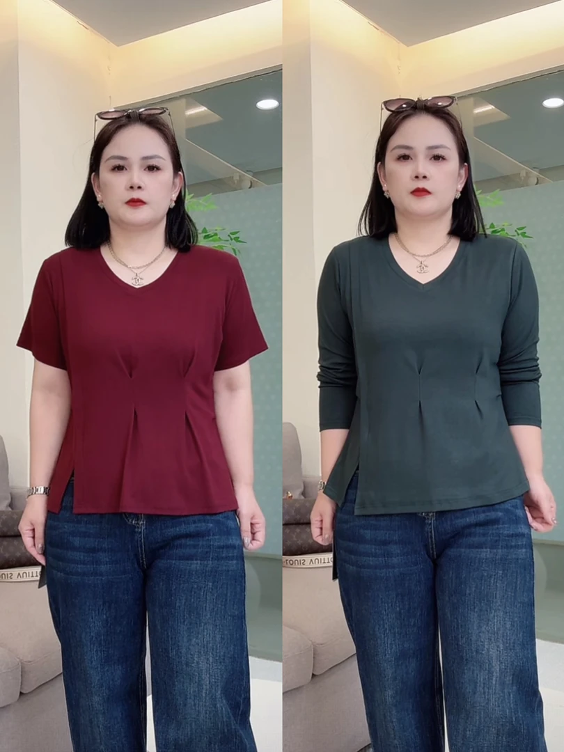 【V领短袖和长袖】25年正肩双褶压肩微胖大码女装显瘦高弹力柔软