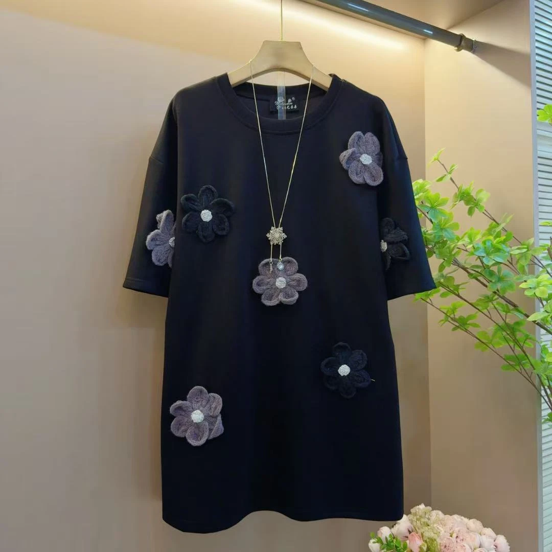 韩版新款秋季圆领显瘦拼接花朵设计感宽松百搭长衫（长80左右）