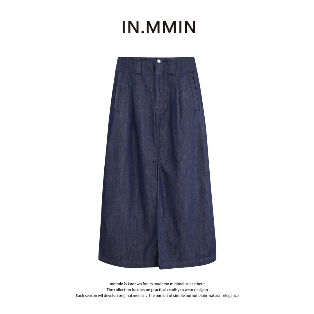 INMMIN05 纯色不易皱半身裙复古前开叉牛仔裙百搭潮流夏季蓝色