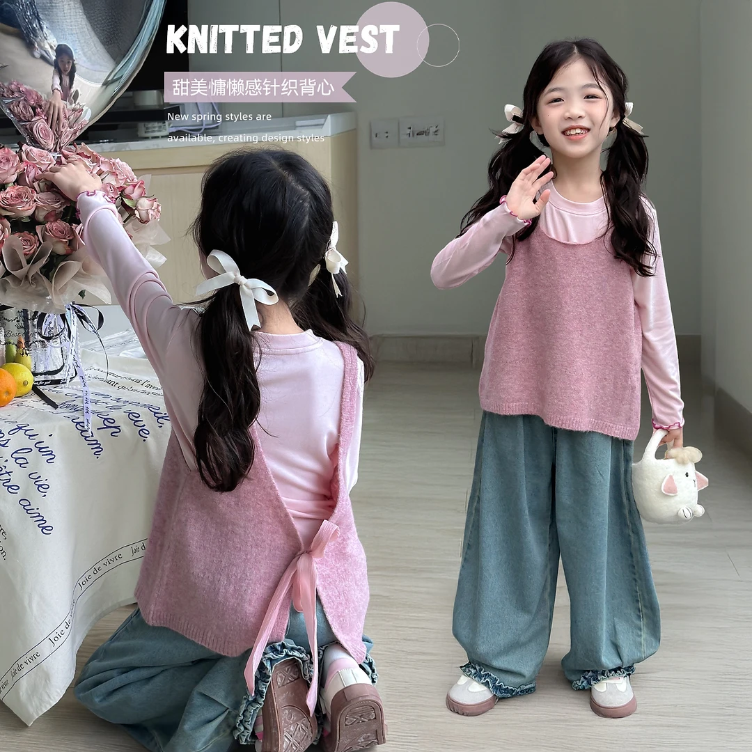 【针织梦】蓝小爸童装女童针织背心春季新款绑带叠穿韩系上衣