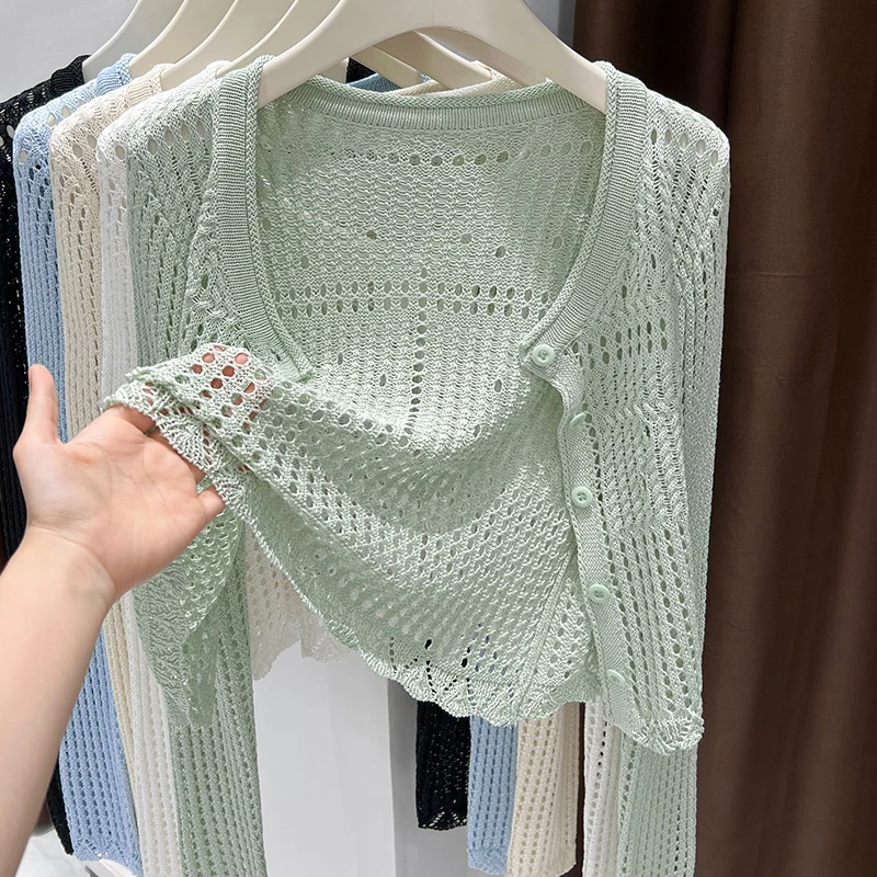 春夏爆款绿色简约针织镂空上衣女时尚外搭配吊带裙单排扣防晒开衫