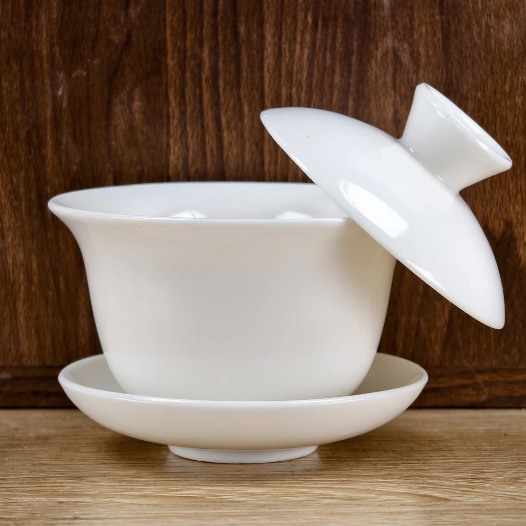 羊脂玉陶瓷盖碗可悬停可旋转德化白瓷三才盖碗