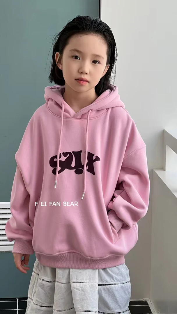 《丁丁优选》910113冬季新品男女童韩版简约字母印花连帽加绒卫衣