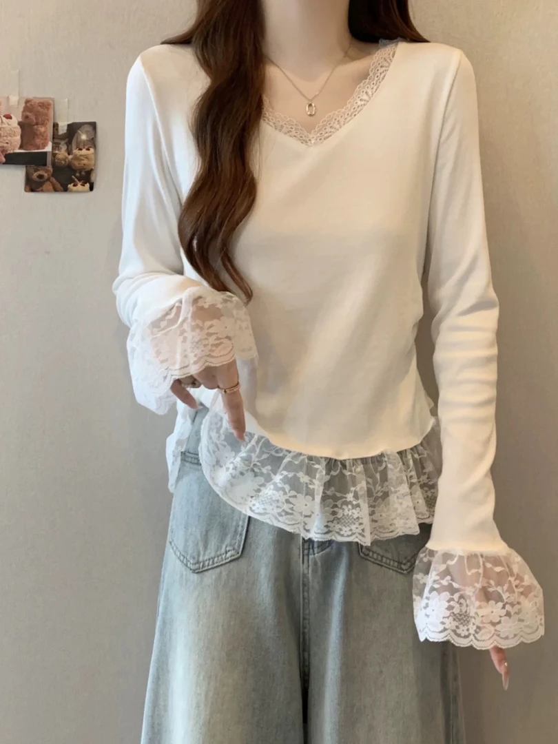 打底显瘦洋气春季设计感蕾丝V领打底衫