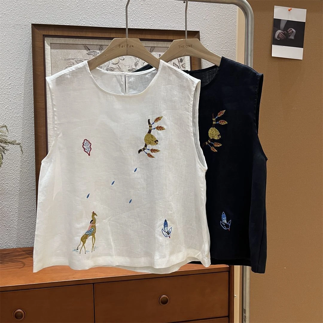 【现货+运费险】重工刺绣棉麻衬衫无袖上衣女宽松亚麻背心吊带V135
