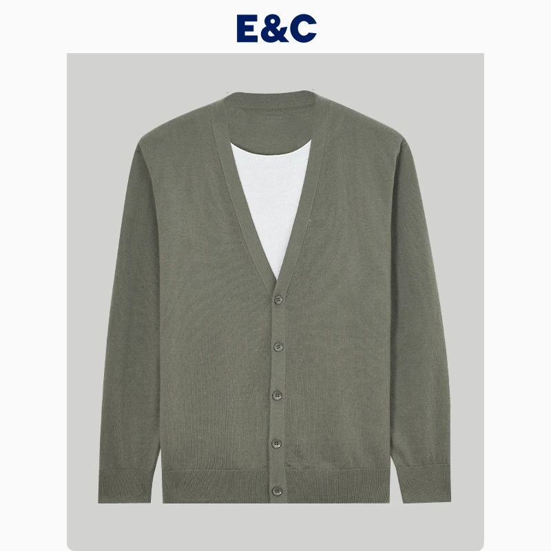 E&C假二件V领绵羊毛混纺秋冬针织开衫春季高级感休闲宽松外套薄款
