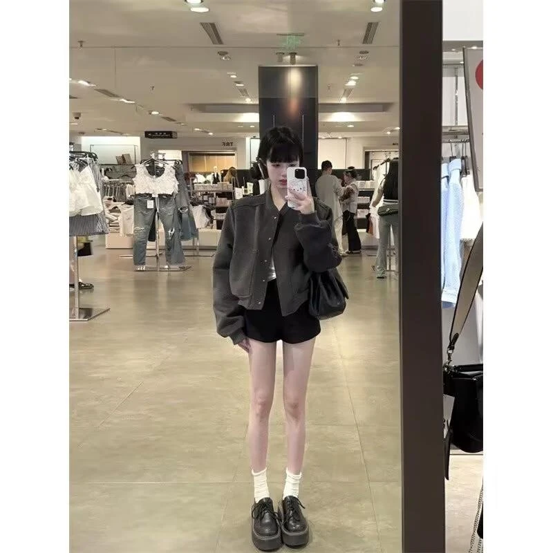 潮走秋季灰色小个子美式学院风棒球服女运动拉炼开衫卫衣短款外套