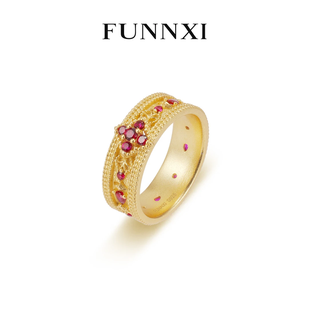 FUNNXI 培育红宝石925银镶戒指【祈年】古法金复舒适佩戴排戒