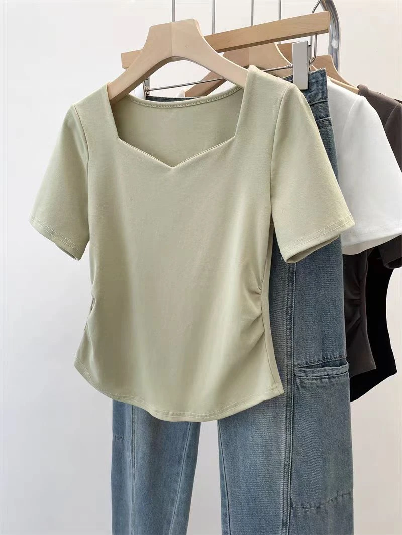 大码灰色方领正肩短袖t恤女夏季胖mm巨显瘦遮肚子褶皱不规则上衣