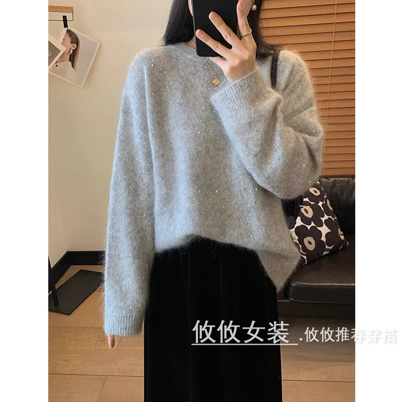 【银河星光】2025春装新款高级感圆领套头毛衣闪闪亮针织衫宽松爆款