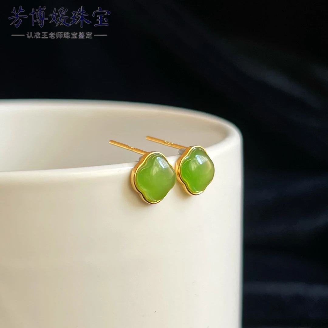 F127天然和田玉碧玉银镶精美耳饰耳钉 精致百搭款 多样性发其一