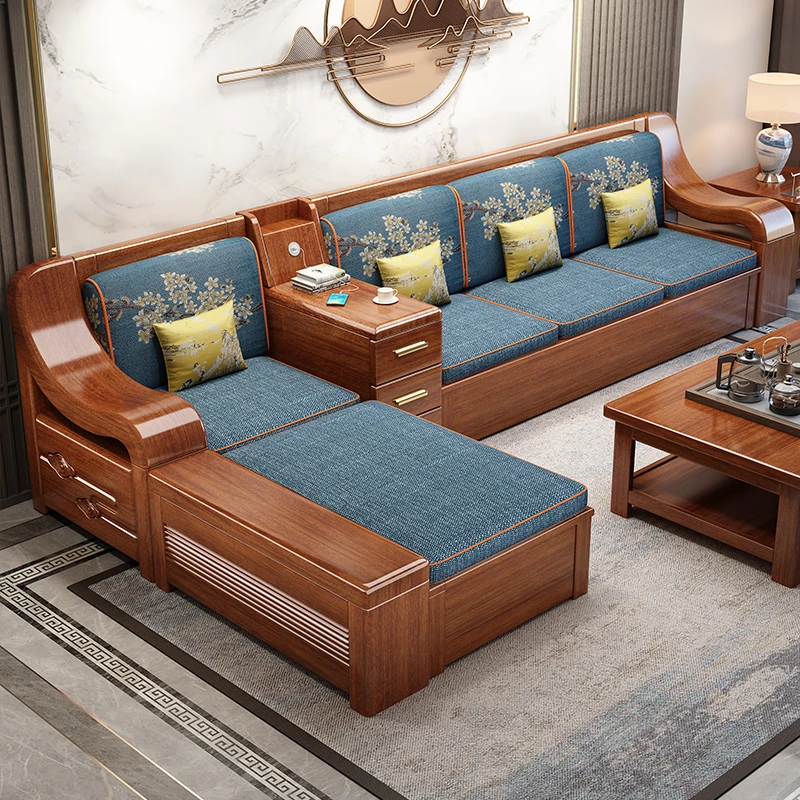新中式胡桃木实木沙发家用全实木组合冬夏两用小户型木质储物沙发