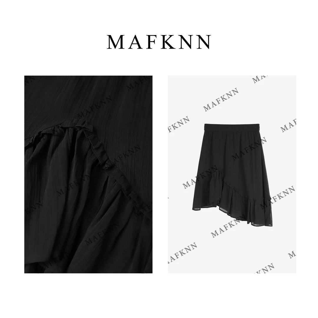 MAFKNN/玛肯时尚休闲简约纯色百搭松紧腰不规则半身裙MK12373