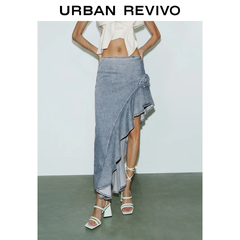 UR2025秋季新款女装时髦设计感不对称花朵牛仔半裙UWG850097