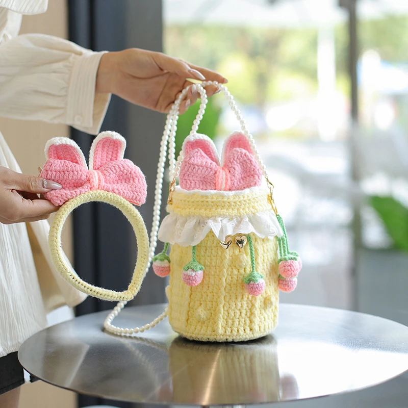 diy手工编织水桶包毛线材料包可爱蝴蝶结铃兰花大容量斜挎包成品
