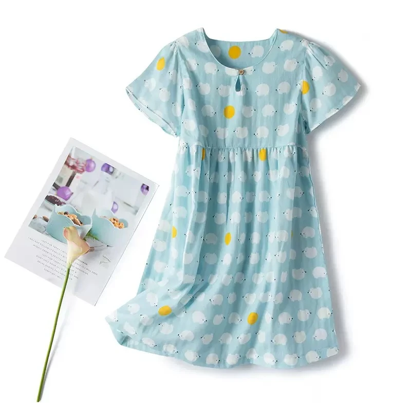 『女童睡裙』夏季双层纱全棉简约小格短袖睡裙花边甜美家居服可外穿