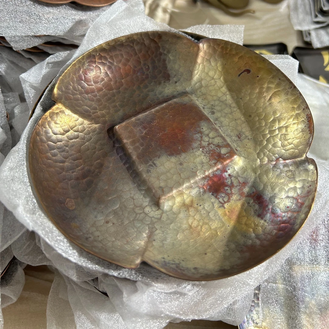 春喜铜手工捶打四瓣梅花干泡盘、茶盘、果盘、多功能盘