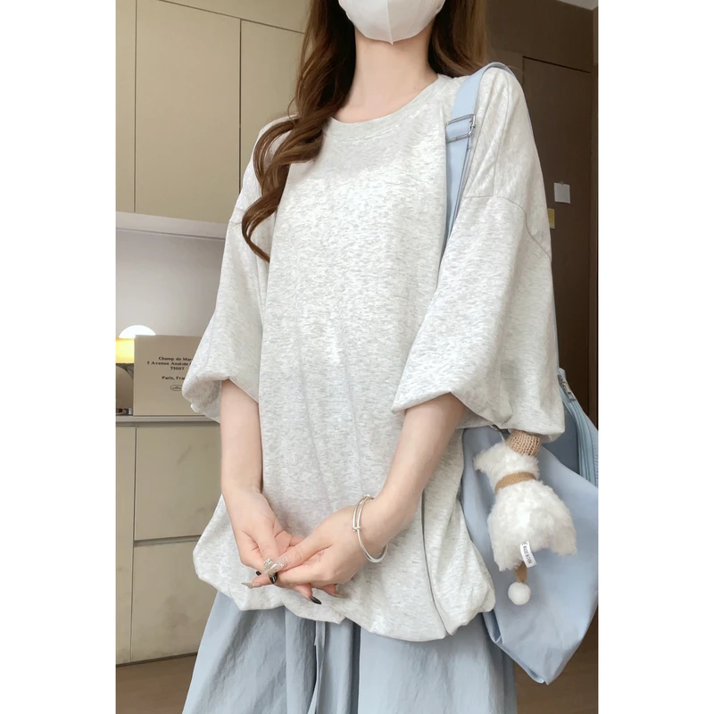 冰激凌ice cream灰色圆领花苞短袖T恤女2025新款夏季宽松大版上衣