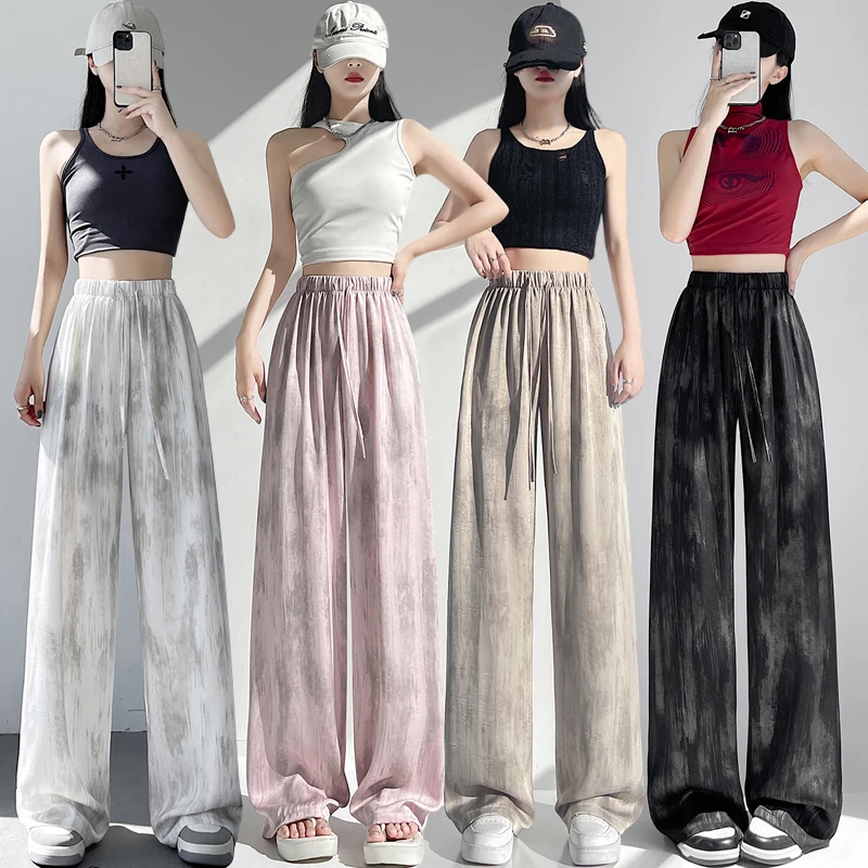 La Chapelle/拉夏贝尔冰丝醋酸缎面扎染阔腿裤夏季直筒拖地直筒裤