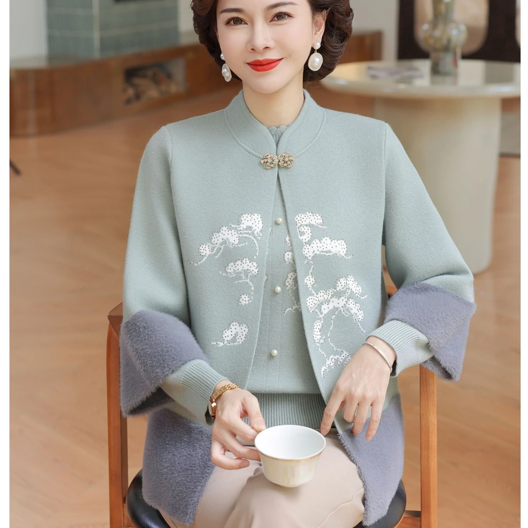 正品新款妈妈春装针织两件套上衣洋气中老年女装毛衣外套高贵套装