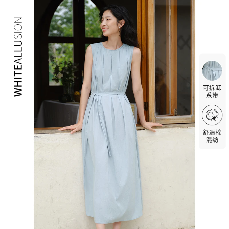 素典【心动恋曲】法式压褶背心连衣裙无袖圆领气质高级感宽松裙1820