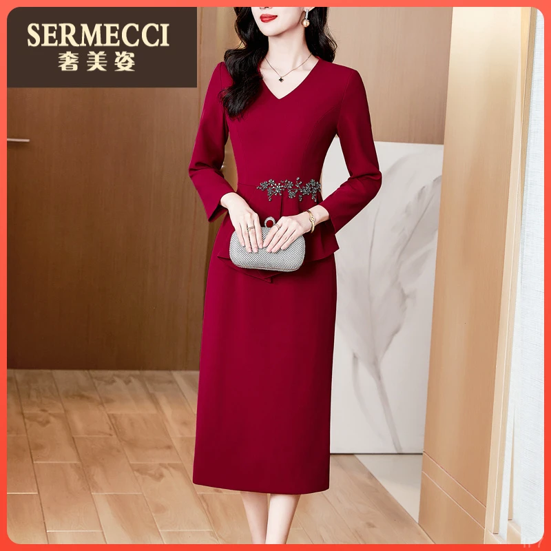 新款修身显瘦奢美姿洋气酒红连衣裙女长袖2025年秋冬裙子