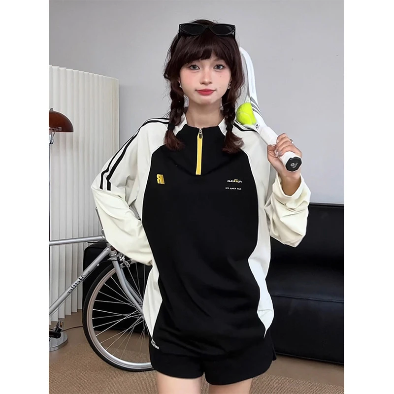 网球服运动速干衣男夏季薄款美式半拉链长袖t恤户外骑行羽毛球服