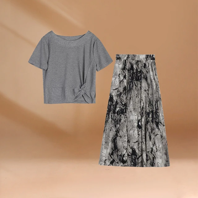 纯欲慵懒风女装不规则短袖T恤套装裙子女夏季2025新款气质显瘦印