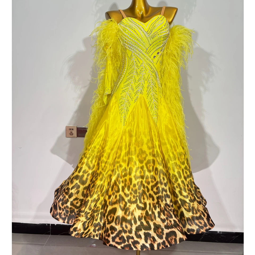 华亦新款定染豹纹渐变珍珠纱摩登国标舞裙高档定制华尔兹交谊舞服