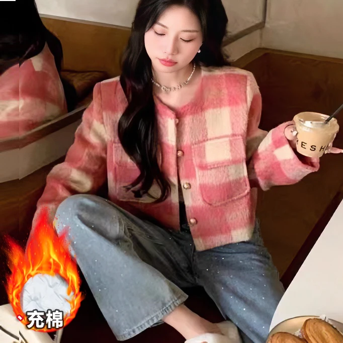 2025秋冬长袖格纹设计感短款早秋毛呢小香风外套格子呢子外套女