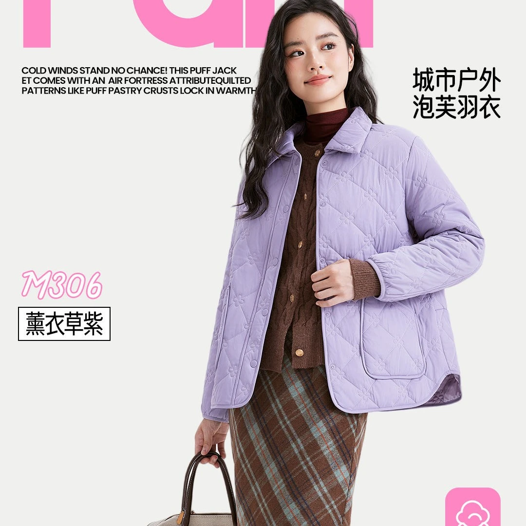 5306翻领女士轻薄短款棉服外套大菱格翻领春冬百搭纯色轻职风