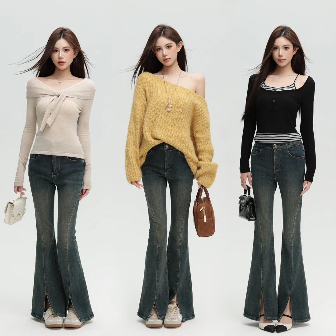 ZHOUZ CHIC【新品8折】美式复古辣妹设计感高腰微喇开叉牛仔裤百搭