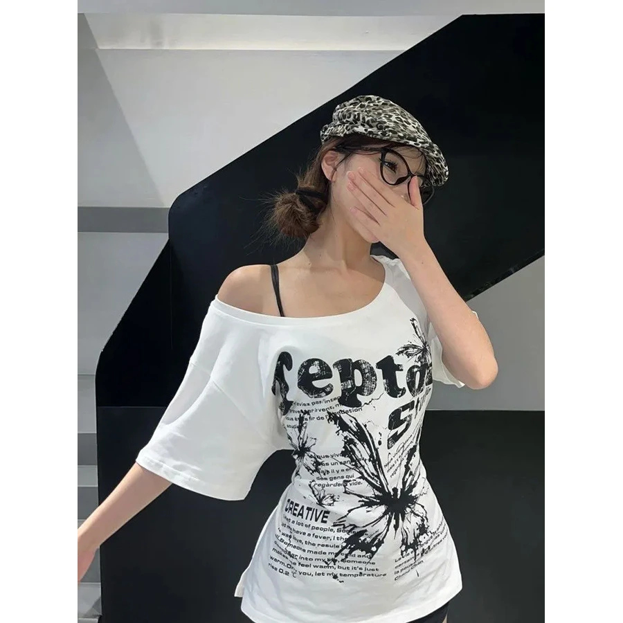 美式复古露肩蝴蝶短袖T恤女夏季新款辣妹风修身显瘦休闲短款上衣