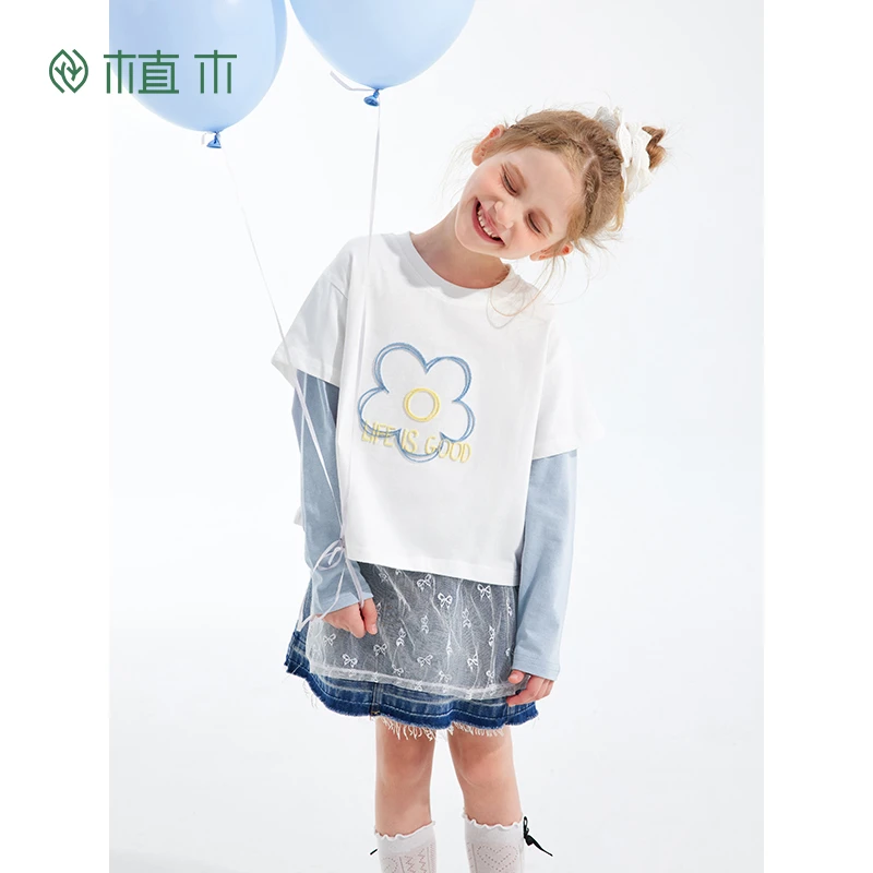 植木童装女童T恤2025春季新款中大童假两件印花T恤上衣T恤XDF
